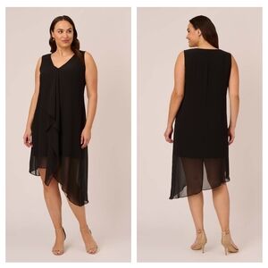 Adrianna Papell Plus Size Sleeveless Chiffon Dress Cascading Details Black 20W